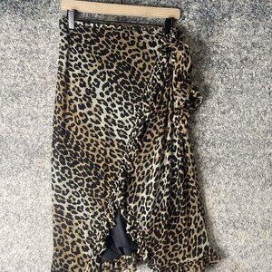 Ganni Skirt Womens 34 Brown Leopard Wrap Ruffle Midi Recycled Polyamide Animal